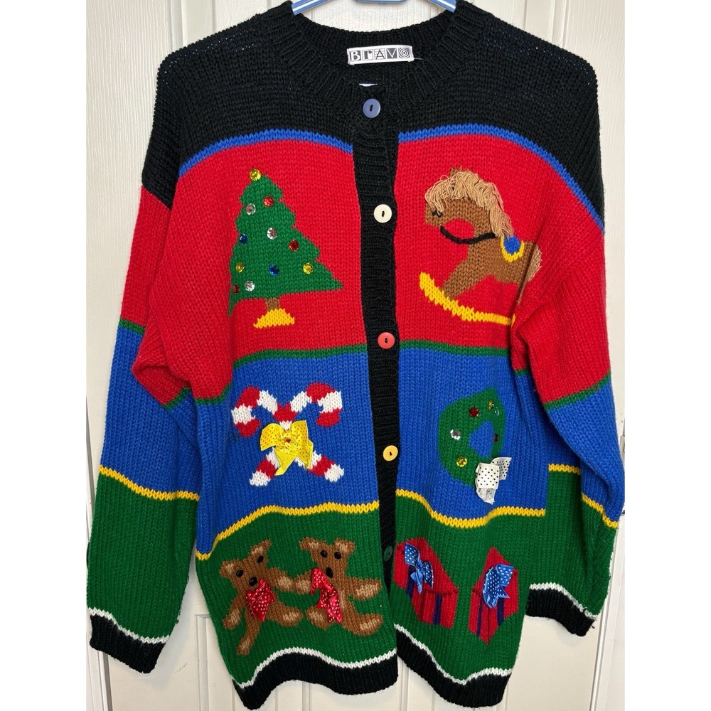 Vintage Bravo Christmas Sweater Red Blue Tree Large Women's Embellished